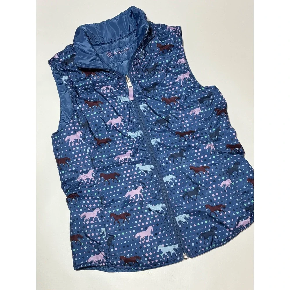 Ariat Reversible Puffer Vest Kids XL 14 Blue Horse Polka Dot Print Quilted Zip‎
